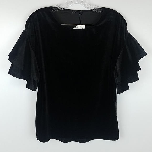 AQUA | BLACK VELVET RUFFLE SLEEVE SHIRT - Picture 1 of 7